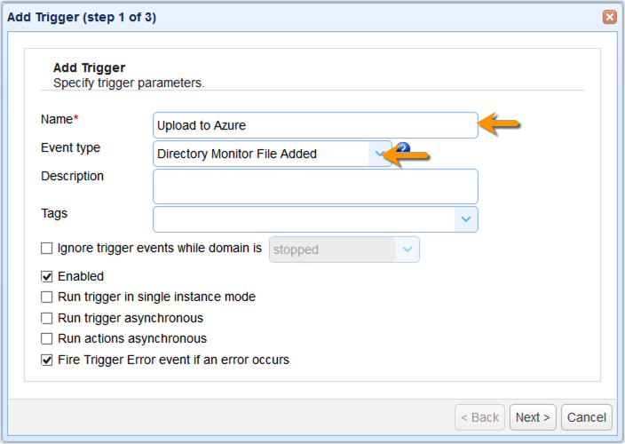 azure file upload trigger name and event type