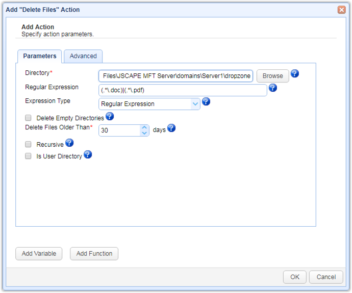 delete file action parameters